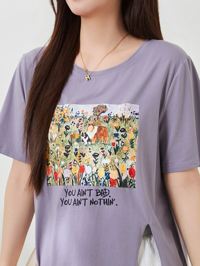 Irregular short-sleeved shirt with slit print, FXZ8070