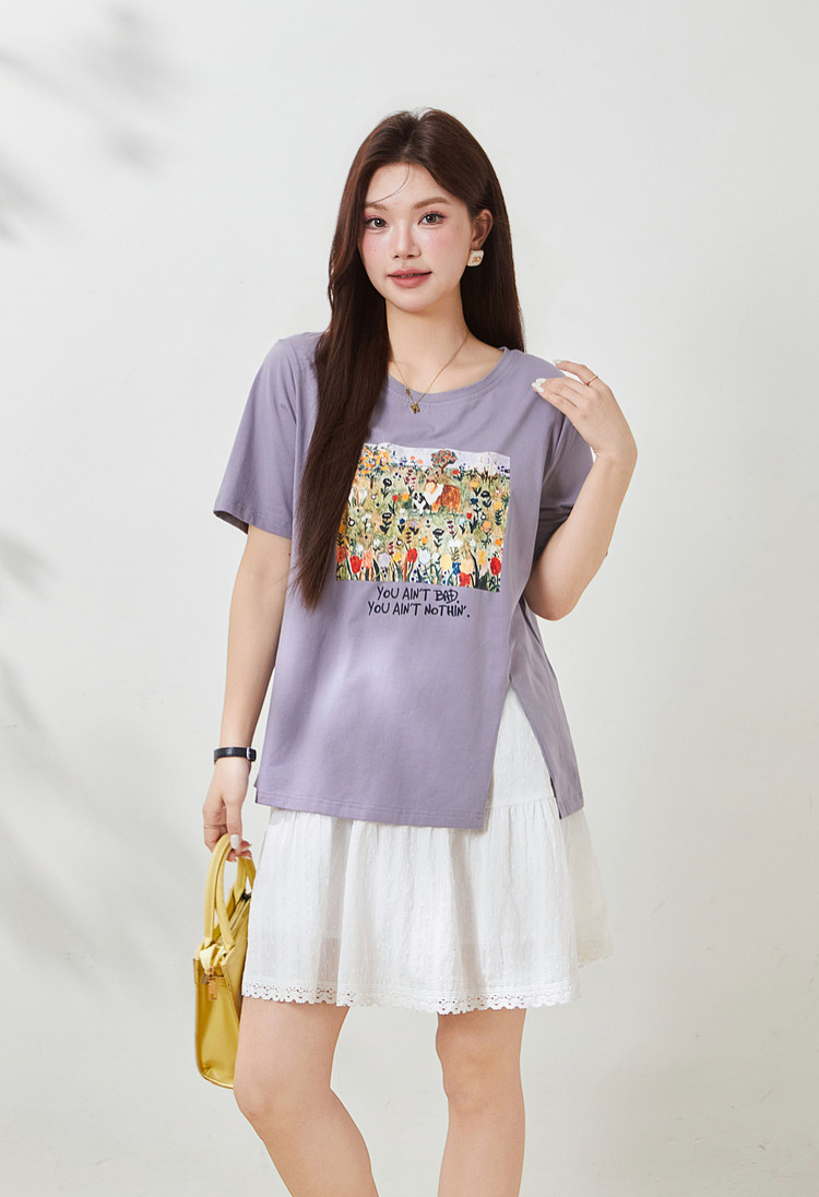 Irregular short-sleeved shirt with slit print, FXZ8070