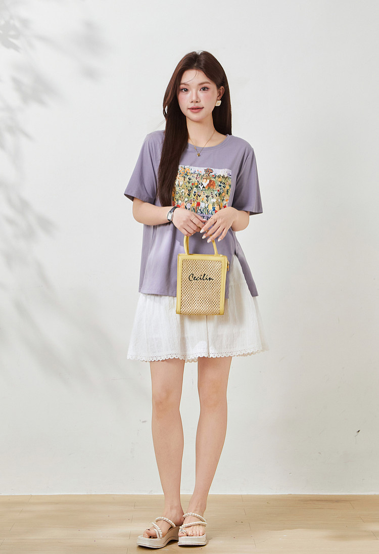 Irregular short-sleeved shirt with slit print, FXZ8070