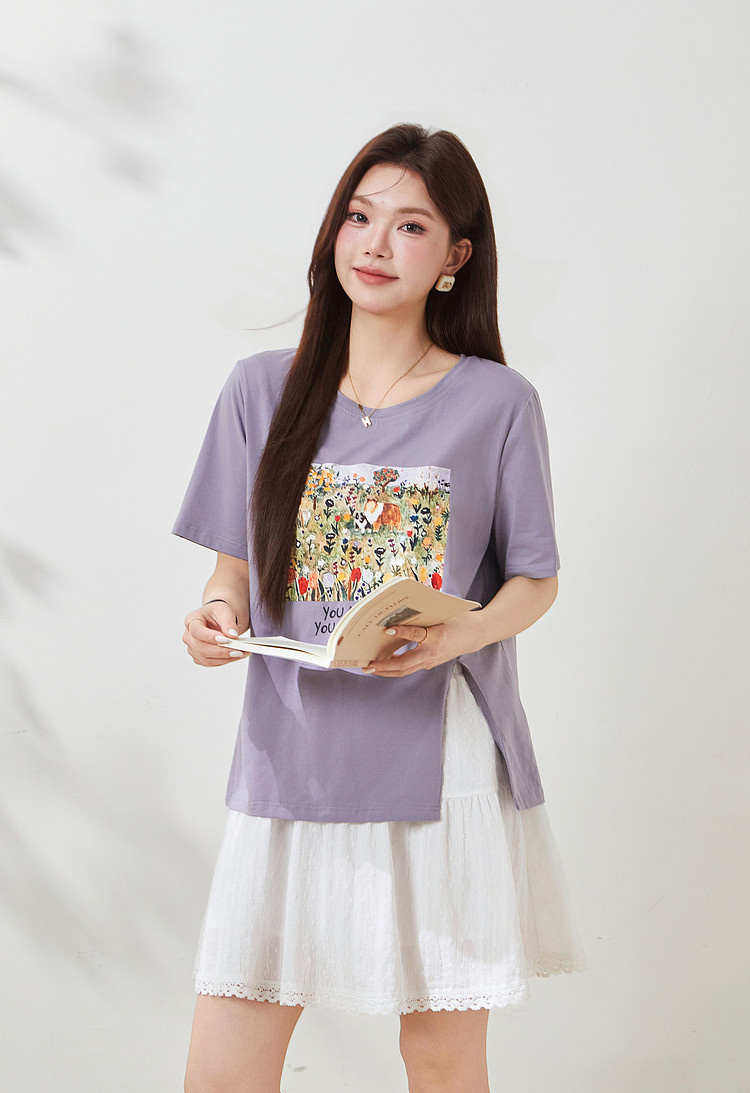 Irregular short-sleeved shirt with slit print, FXZ8070