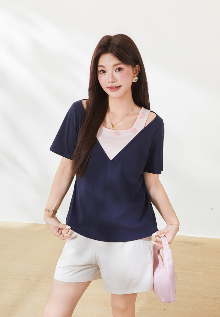 Color-blocked fake two-piece sweet knitted T-shirt FXZ9012