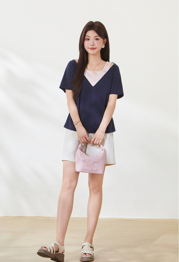 Color-blocked fake two-piece sweet knitted T-shirt FXZ9012
