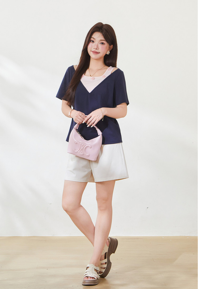 Color-blocked fake two-piece sweet knitted T-shirt FXZ9012