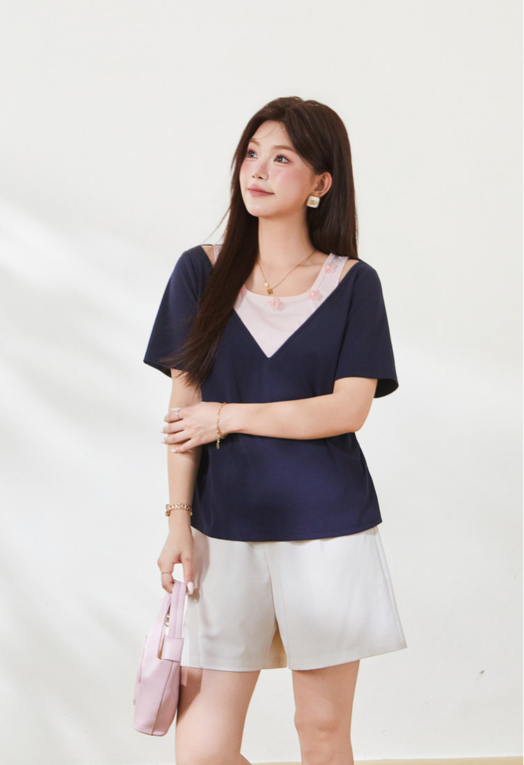 Color-blocked fake two-piece sweet knitted T-shirt FXZ9012