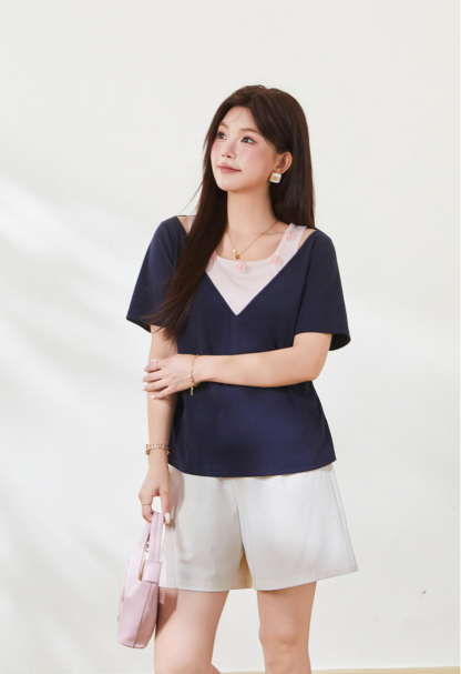Color-blocked fake two-piece sweet knitted T-shirt FXZ9012