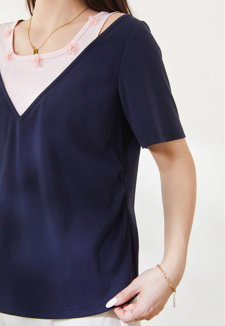 Color-blocked fake two-piece sweet knitted T-shirt FXZ9012