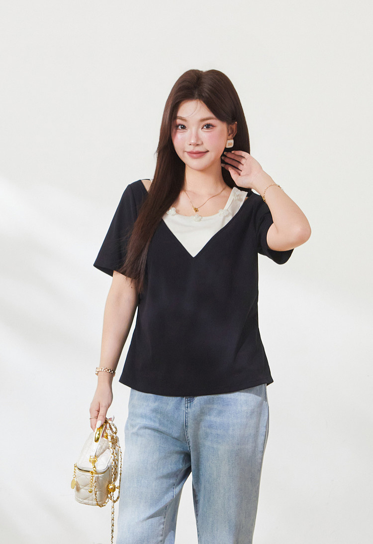 Color-blocked fake two-piece sweet knitted T-shirt FXZ9012