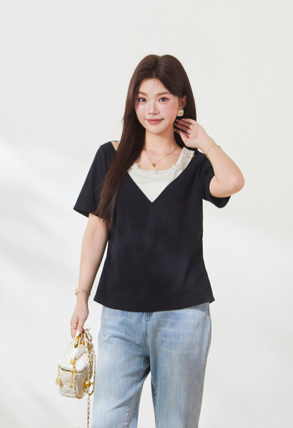 Color-blocked fake two-piece sweet knitted T-shirt FXZ9012