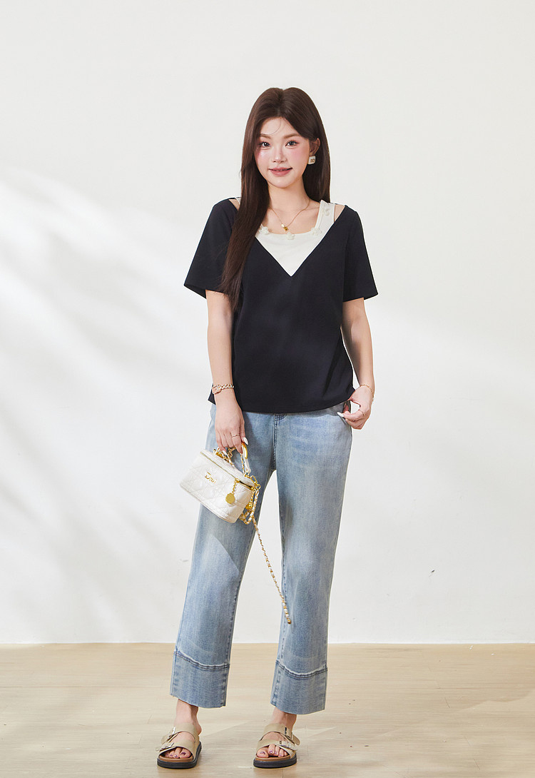 Color-blocked fake two-piece sweet knitted T-shirt FXZ9012
