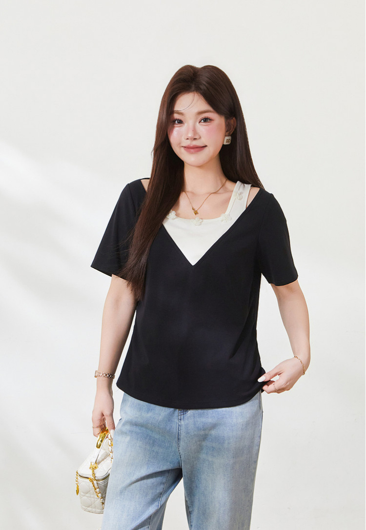 Color-blocked fake two-piece sweet knitted T-shirt FXZ9012