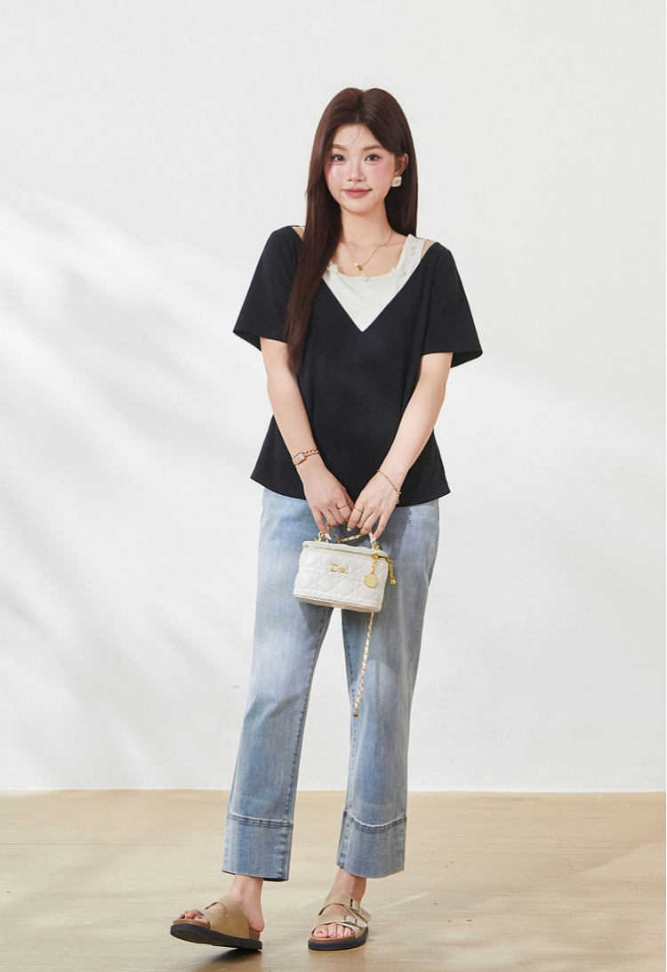 Color-blocked fake two-piece sweet knitted T-shirt FXZ9012