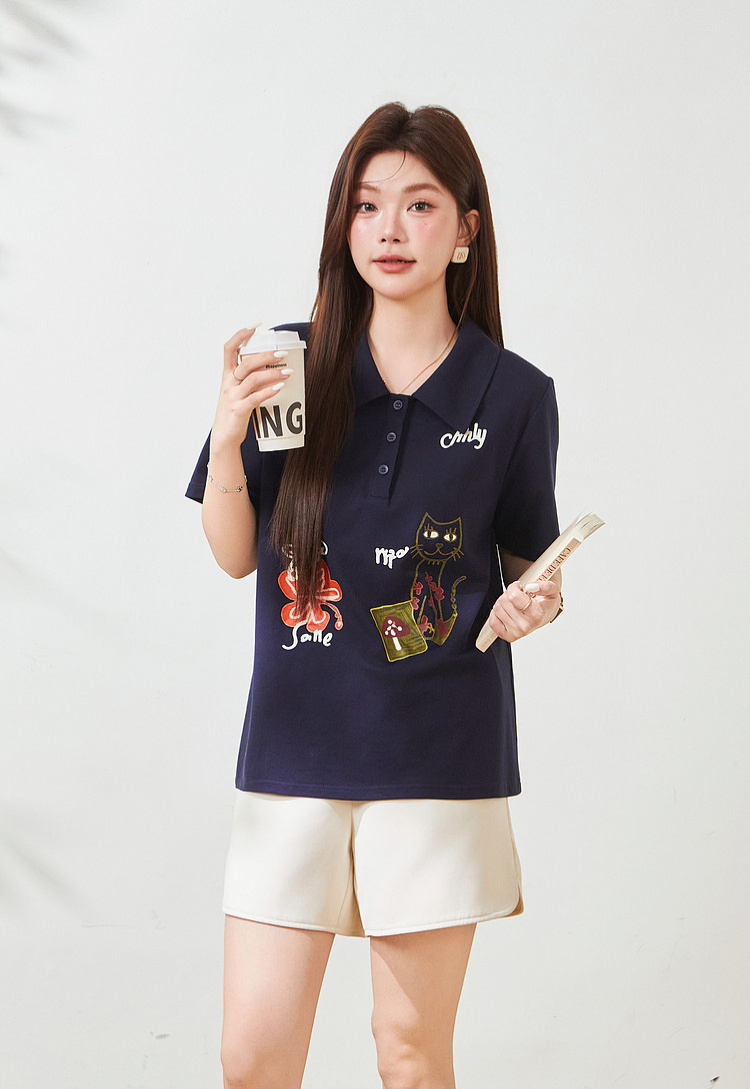 POLO collar cartoon printed loose top，FXZ9019