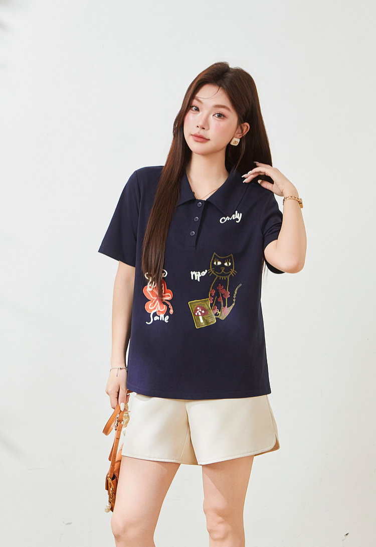POLO collar cartoon printed loose top，FXZ9019