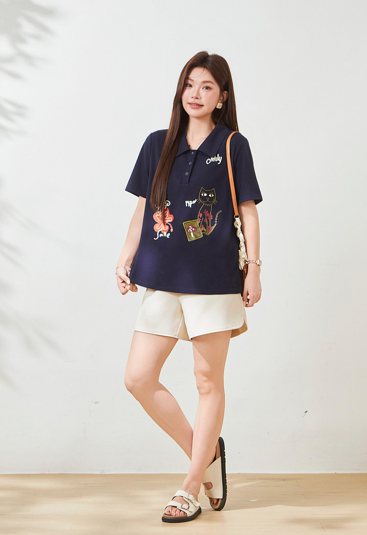 POLO collar cartoon printed loose top，FXZ9019