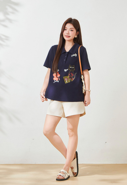 POLO collar cartoon printed loose top，FXZ9019