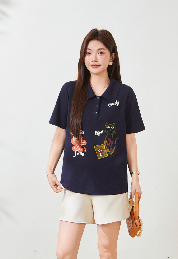 POLO collar cartoon printed loose top，FXZ9019