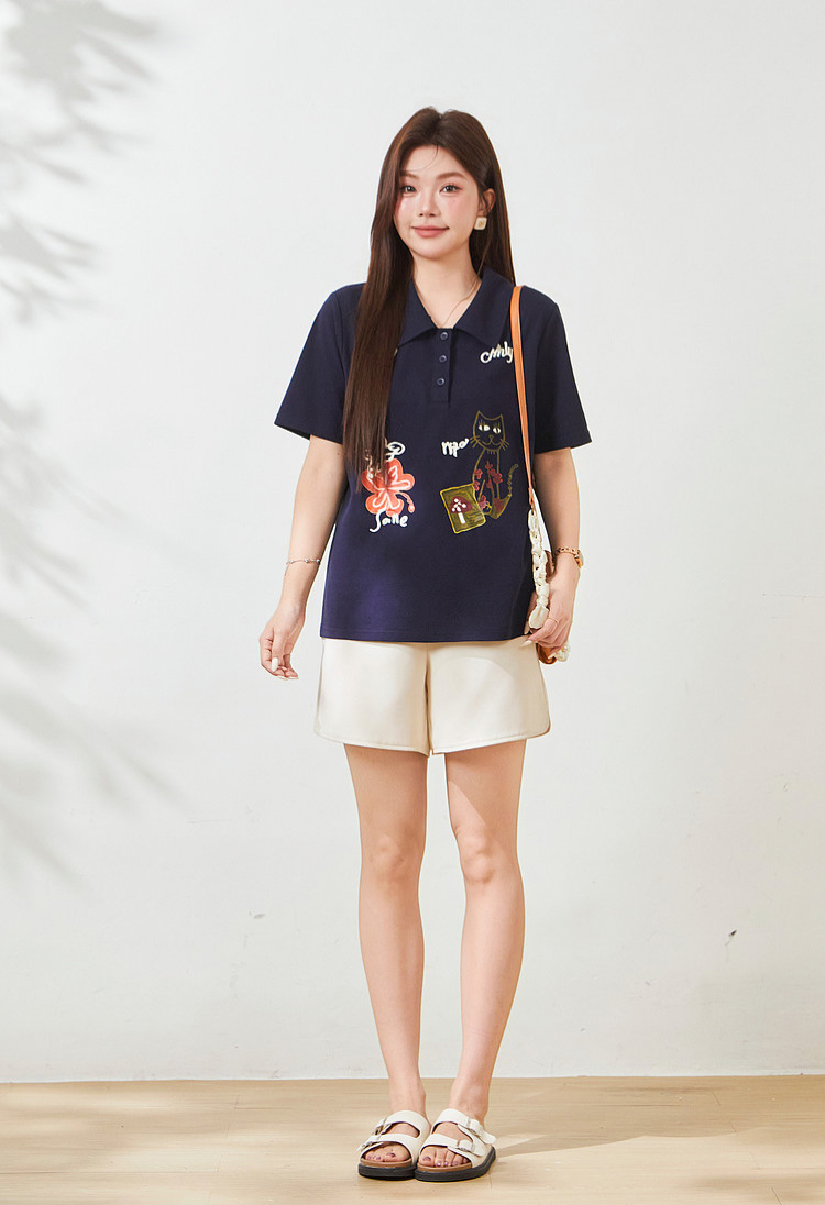 POLO collar cartoon printed loose top，FXZ9019