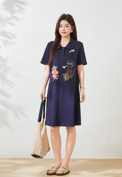 POLO collar cartoon printed loose top，FXZ9019