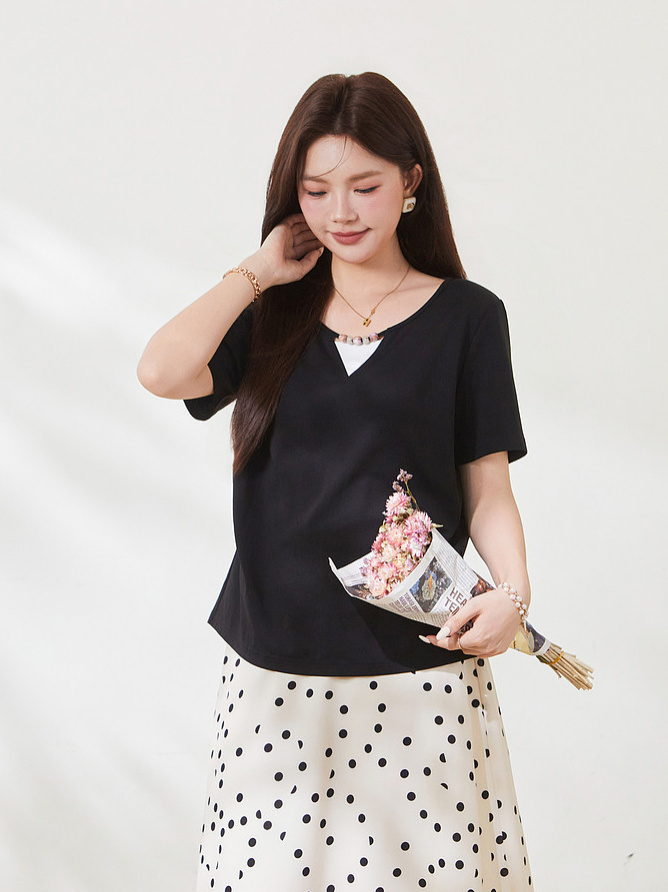 Sweet Colorful Beaded Color-block T-shirt FXZ9030