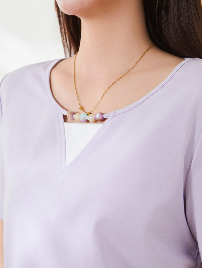 Sweet Colorful Beaded Color-block T-shirt FXZ9030