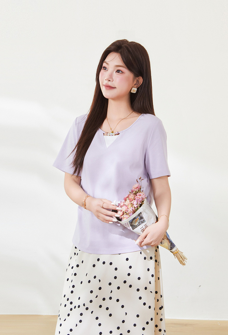 Sweet Colorful Beaded Color-block T-shirt FXZ9030