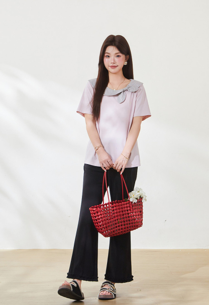 Round neck contrasting striped bow T-shirt，FXZ9032