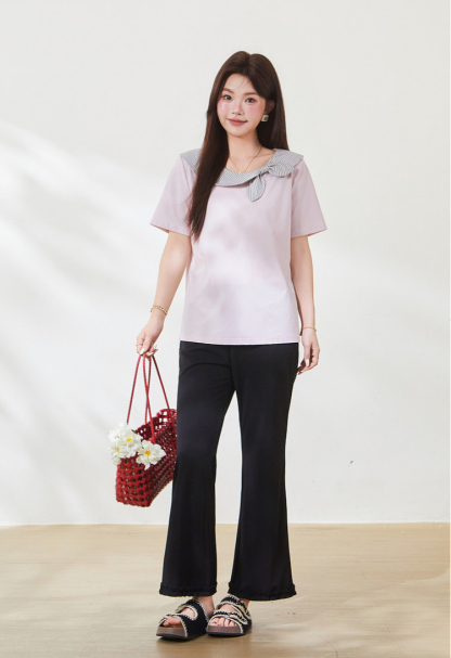Round neck contrasting striped bow T-shirt，FXZ9032