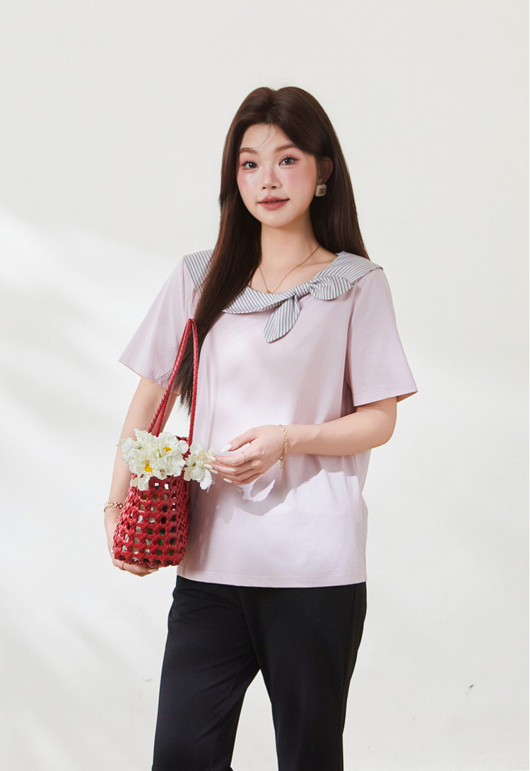 Round neck contrasting striped bow T-shirt，FXZ9032