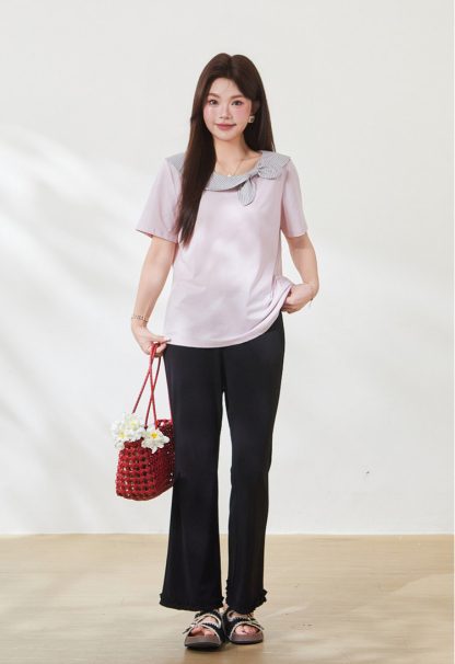 Round neck contrasting striped bow T-shirt，FXZ9032