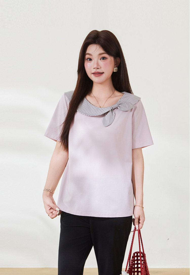 Round neck contrasting striped bow T-shirt，FXZ9032