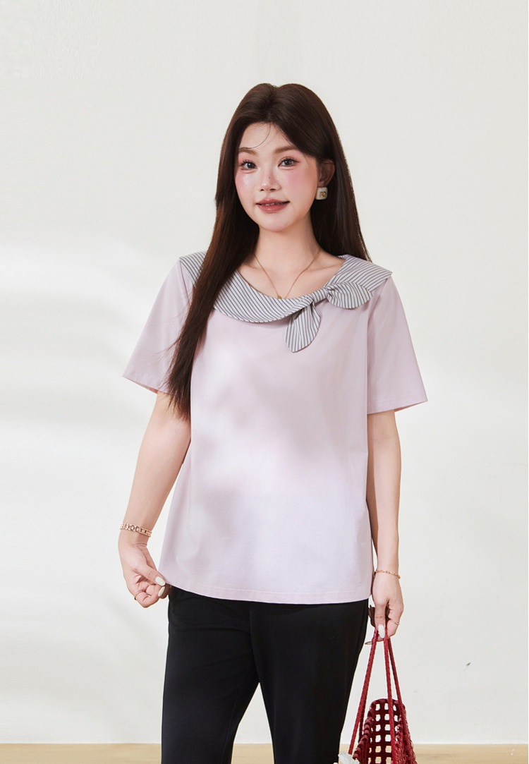 Round neck contrasting striped bow T-shirt，FXZ9032