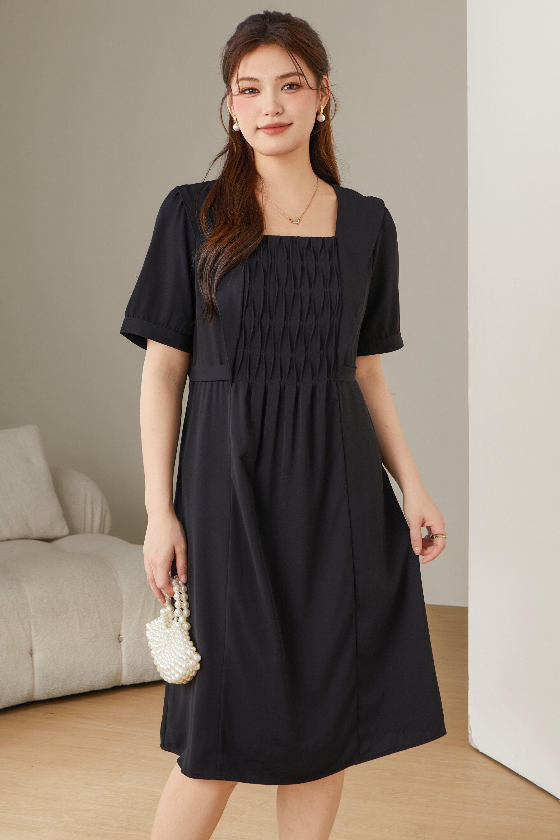 Square Neck Pleated Dress DXQ0756