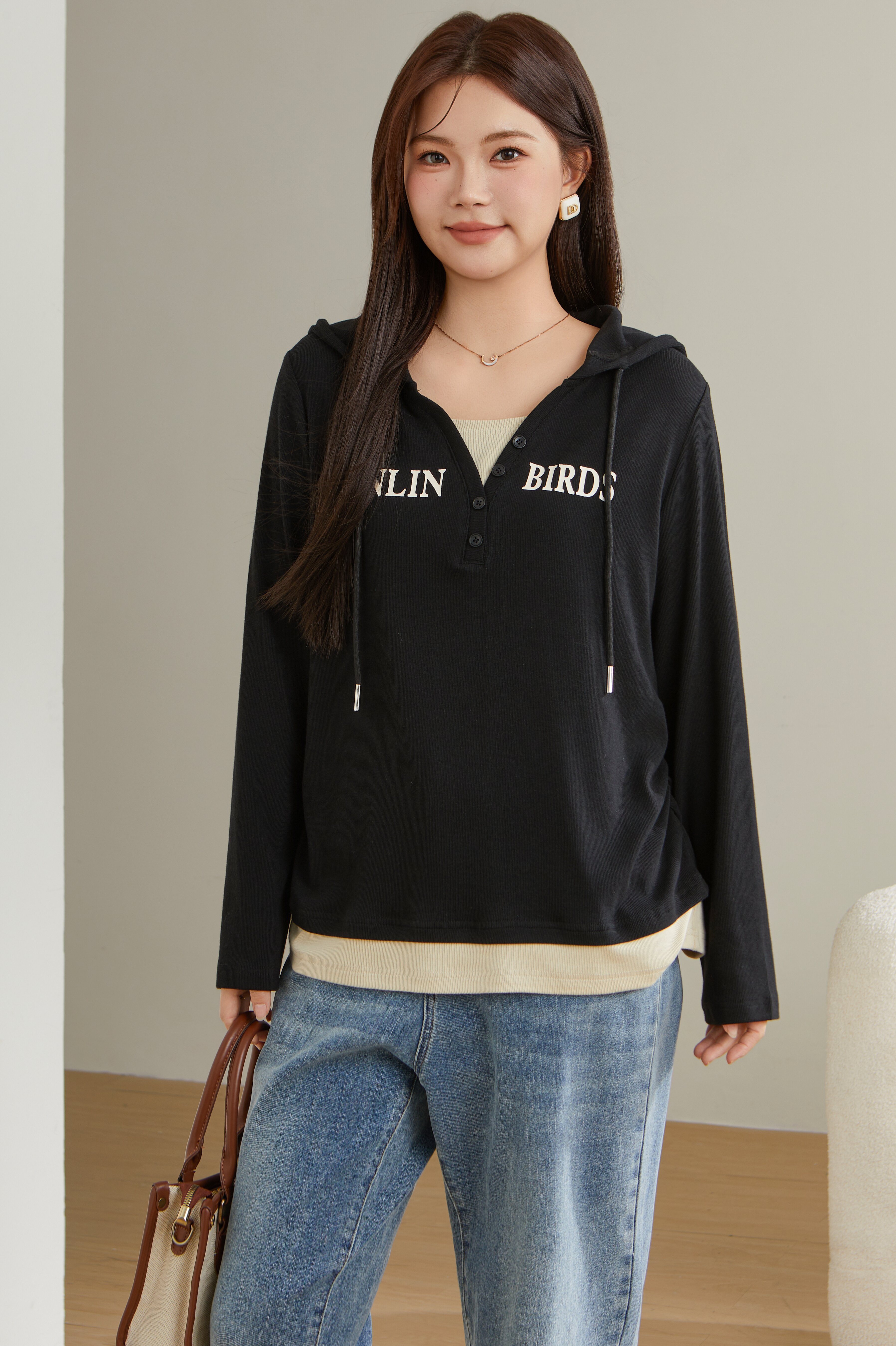 Fake Two-Piece Spliced Hooded Long Sleeve T-Shirt Top ECZ1921