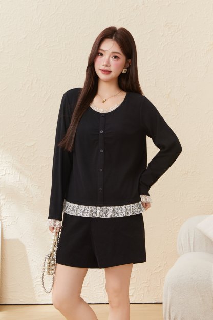 Lace Patchwork Fake Two-Piece Ribbed T-Shirt EDZ5730