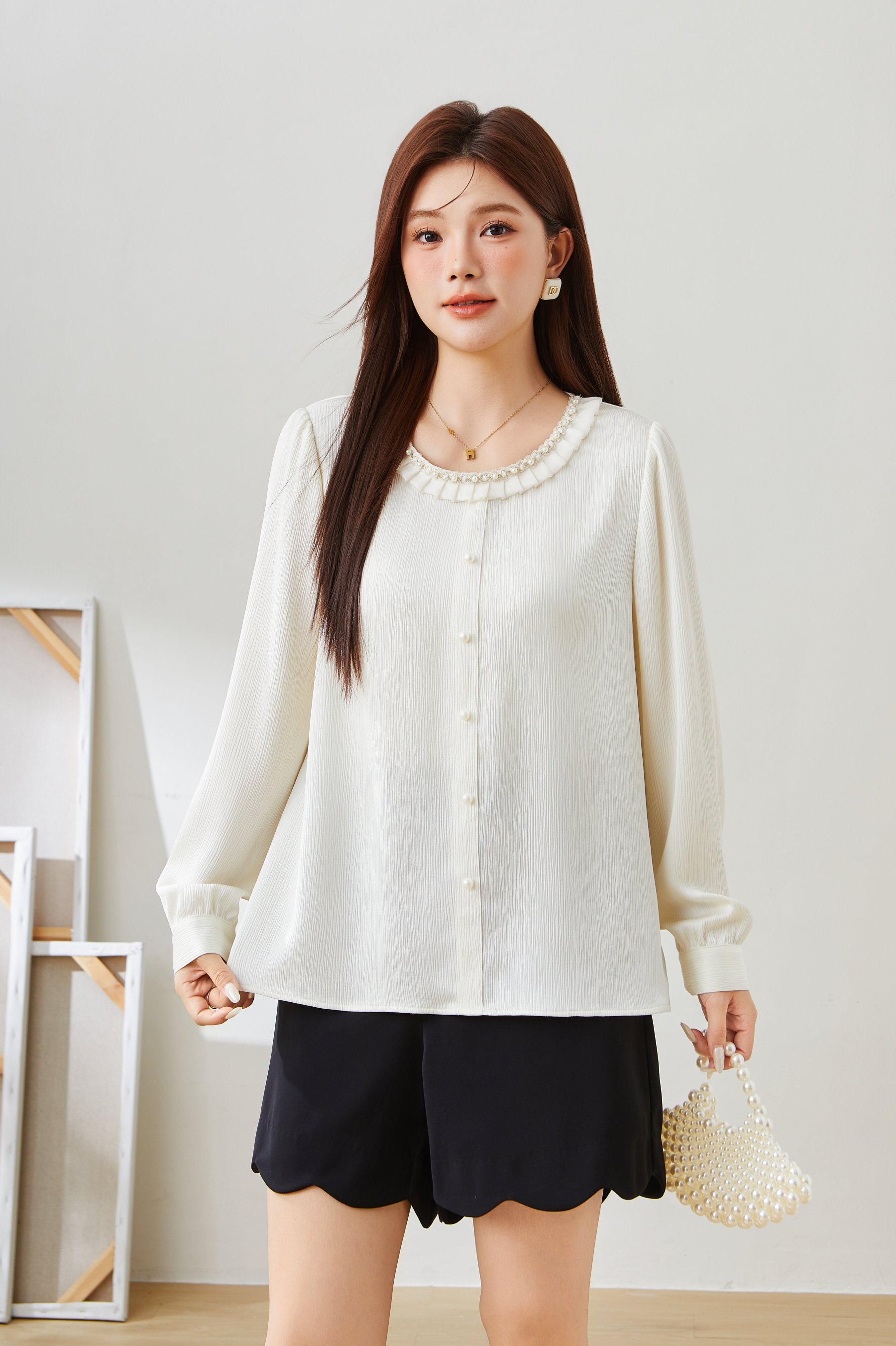 Beaded Round Neck Satin Blouse EDA5601