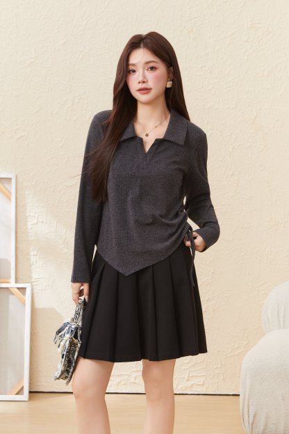 POLO Collar Knitted Ribbed Side Drawstring T-Shirt EDZ5782