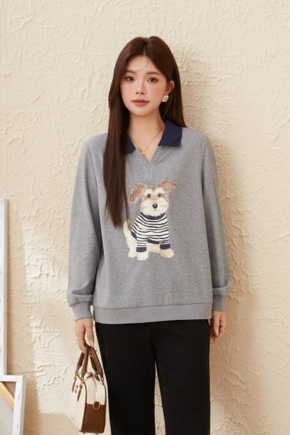 POLO Collar Puppy Print Loose Top EDZ5815