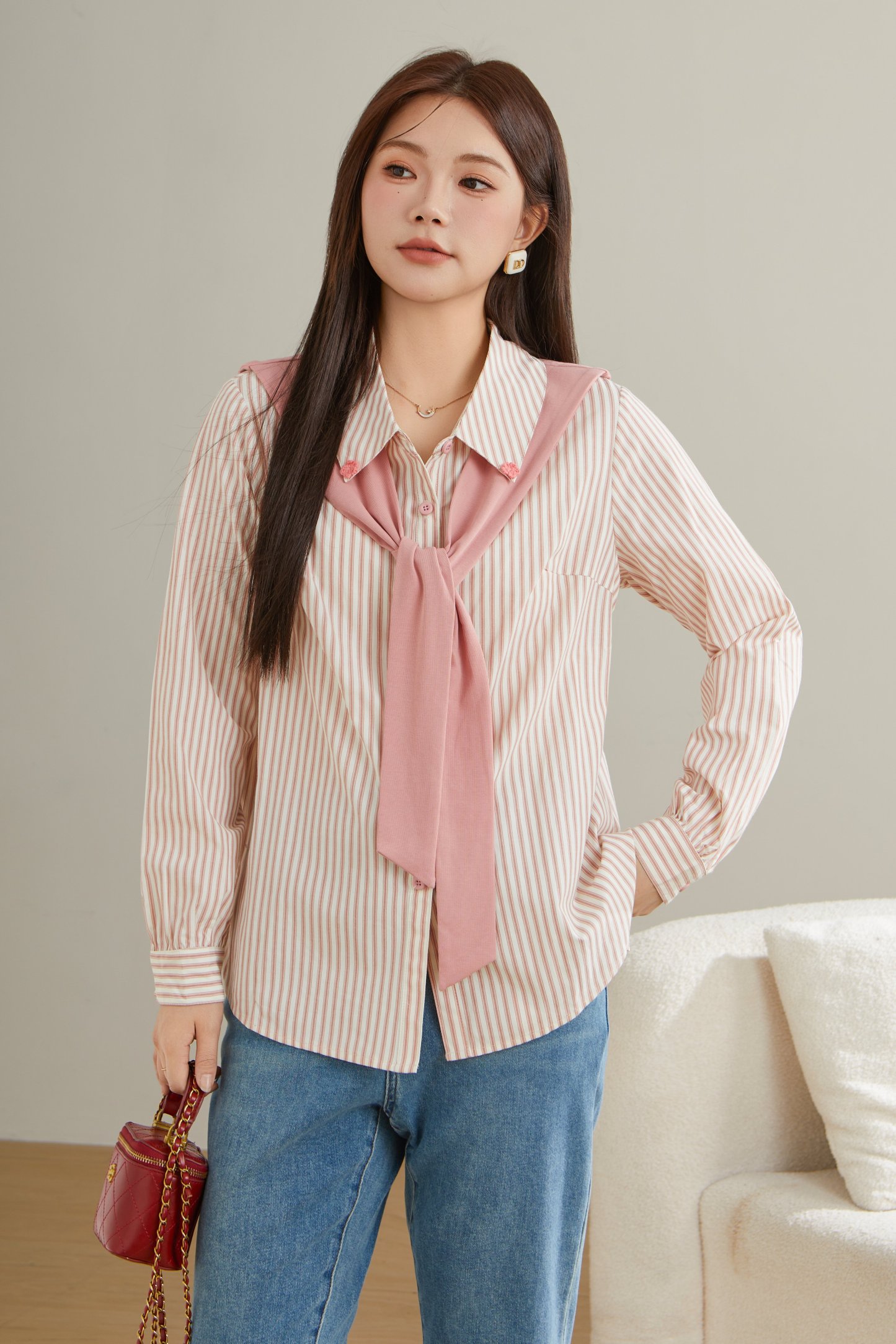 Fake two pink striped flower shirts BDA0572