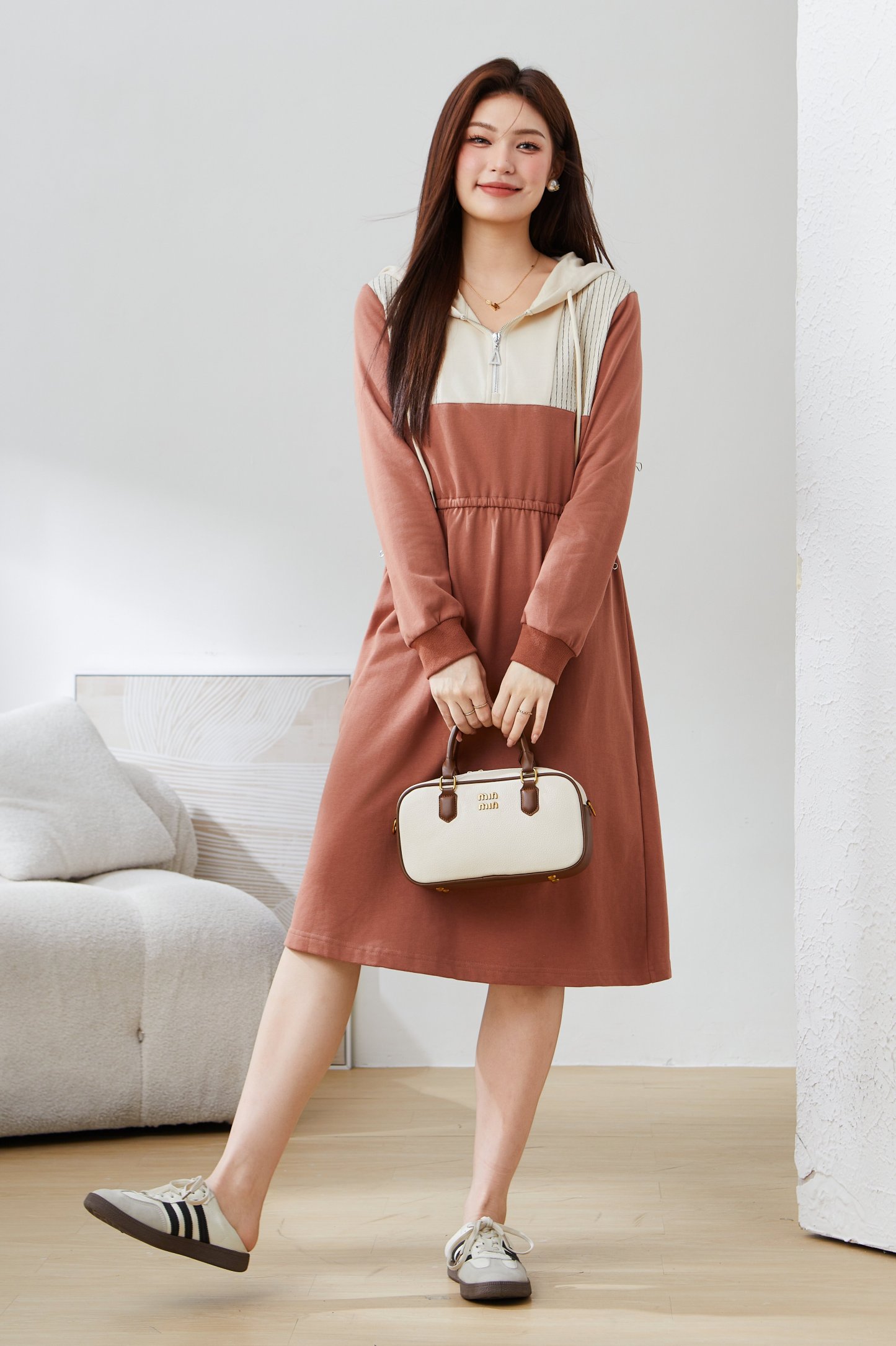 Hooded Knitted Belly Covering Dress CDQ0683N