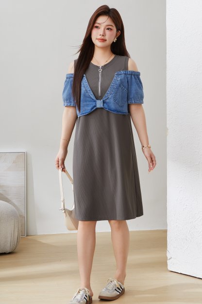 Off-shoulder Fake Two-piece Denim Dress EXQ5070
