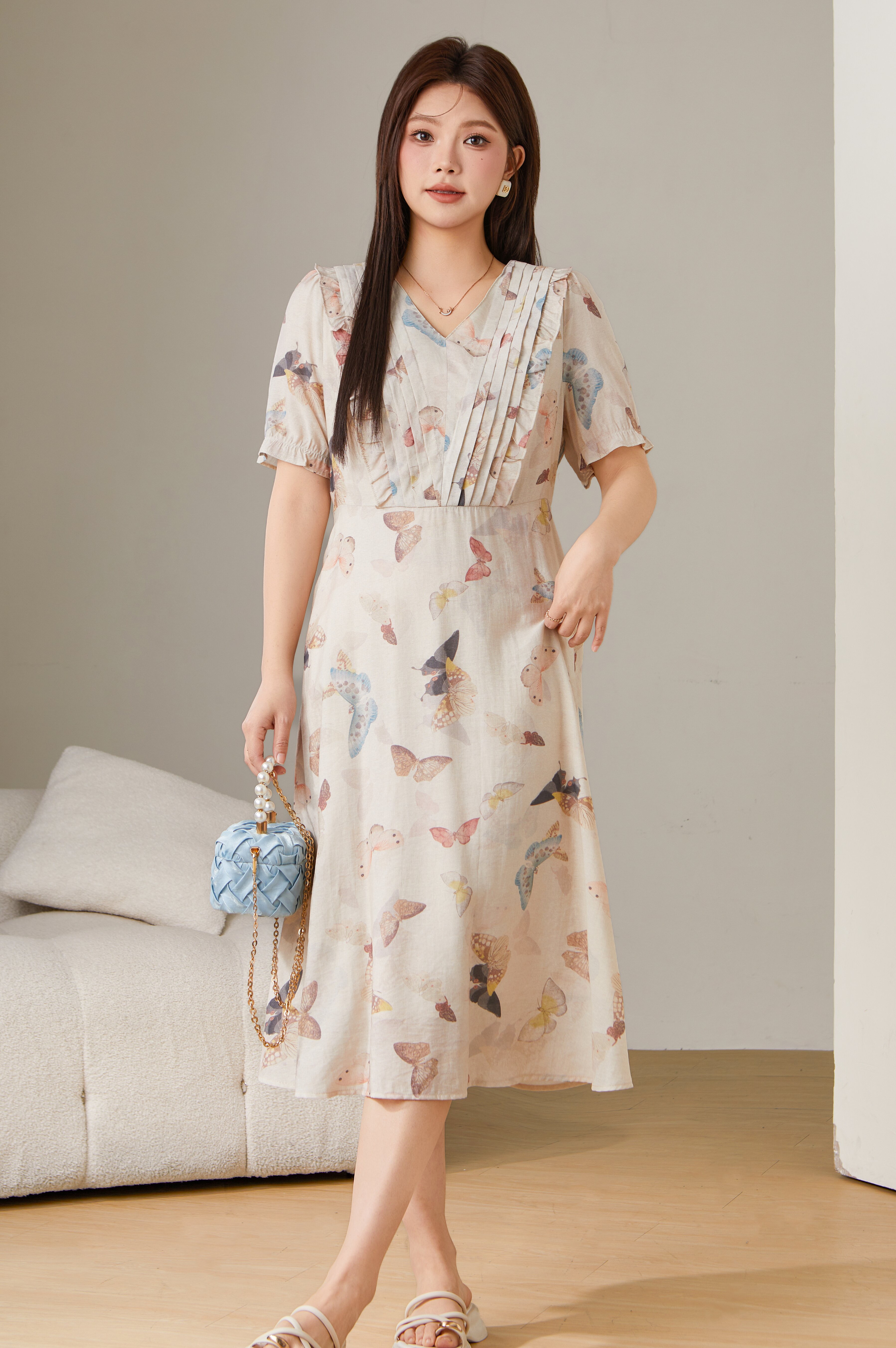 Casual V-neck floral bubble sleeve dress DXQ1607