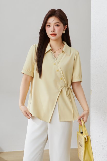 Solid Color Lace Collar Tie Top EXA5159