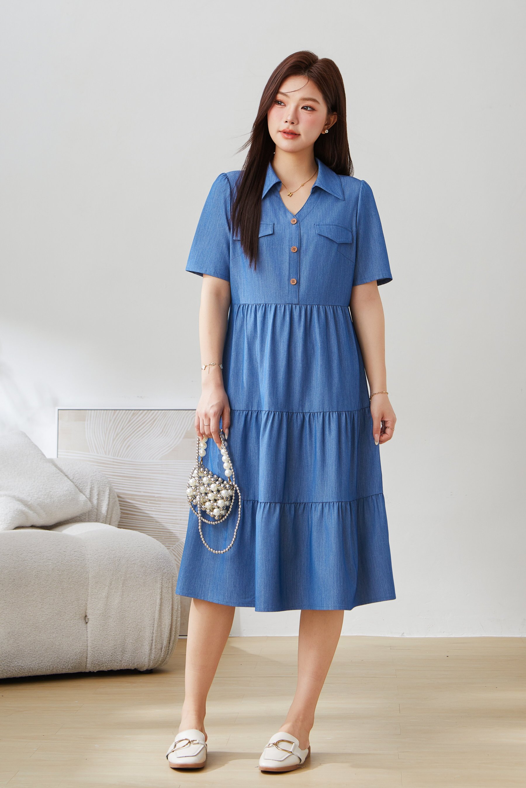 V-neck Waist-cinching Imitation Denim Dress EXQ5235