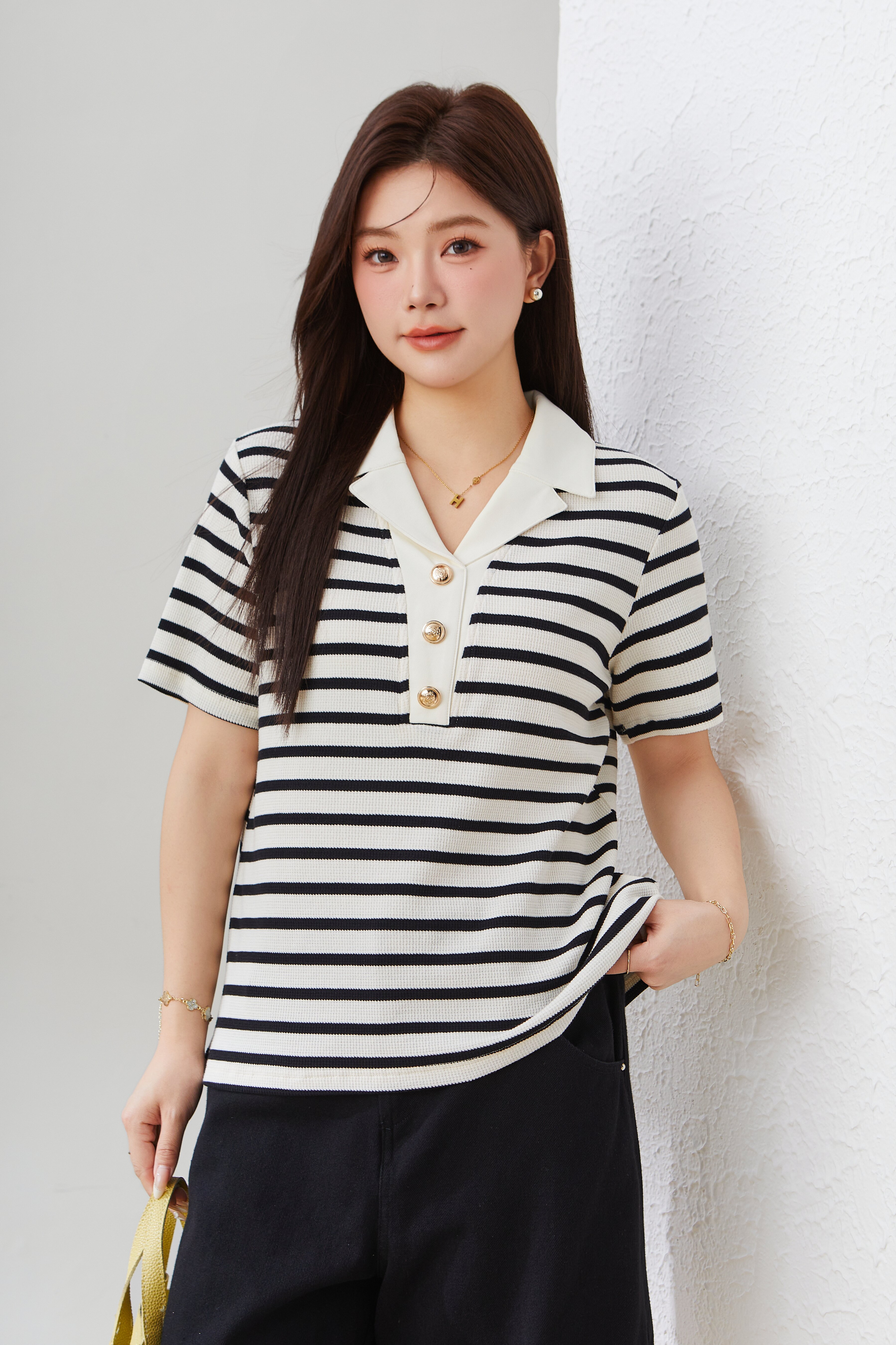 Waffle Stripe Patchwork Color Block T-Shirt EXZ5110