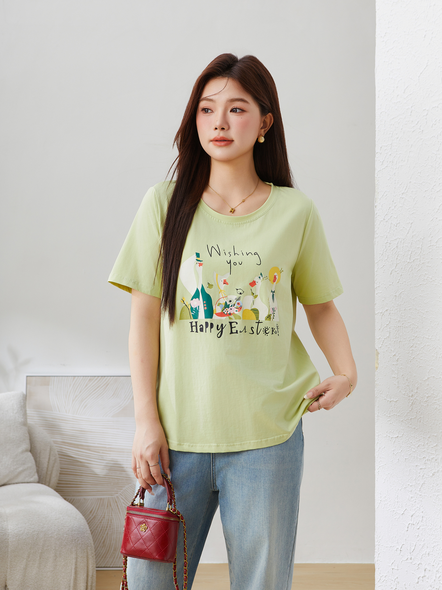 Loose Round Neck Slimming Printed T-Shirt DXZ1279