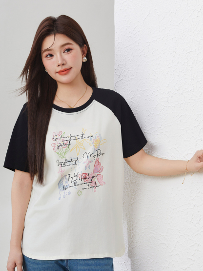 Raglan Contrast Color round Neck Printed Top Exz3008