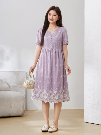 Embroidered Small V-neck Elegant Dress EXQ5086