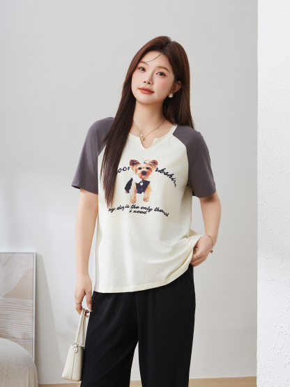 Color Block Raglan Sleeve Printed Versatile T-Shirt DXZ1271