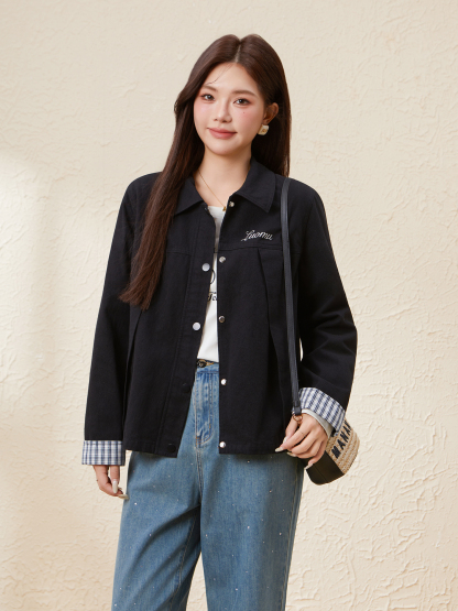 Versatile Plaid Cuff Denim Jacket EDW5676