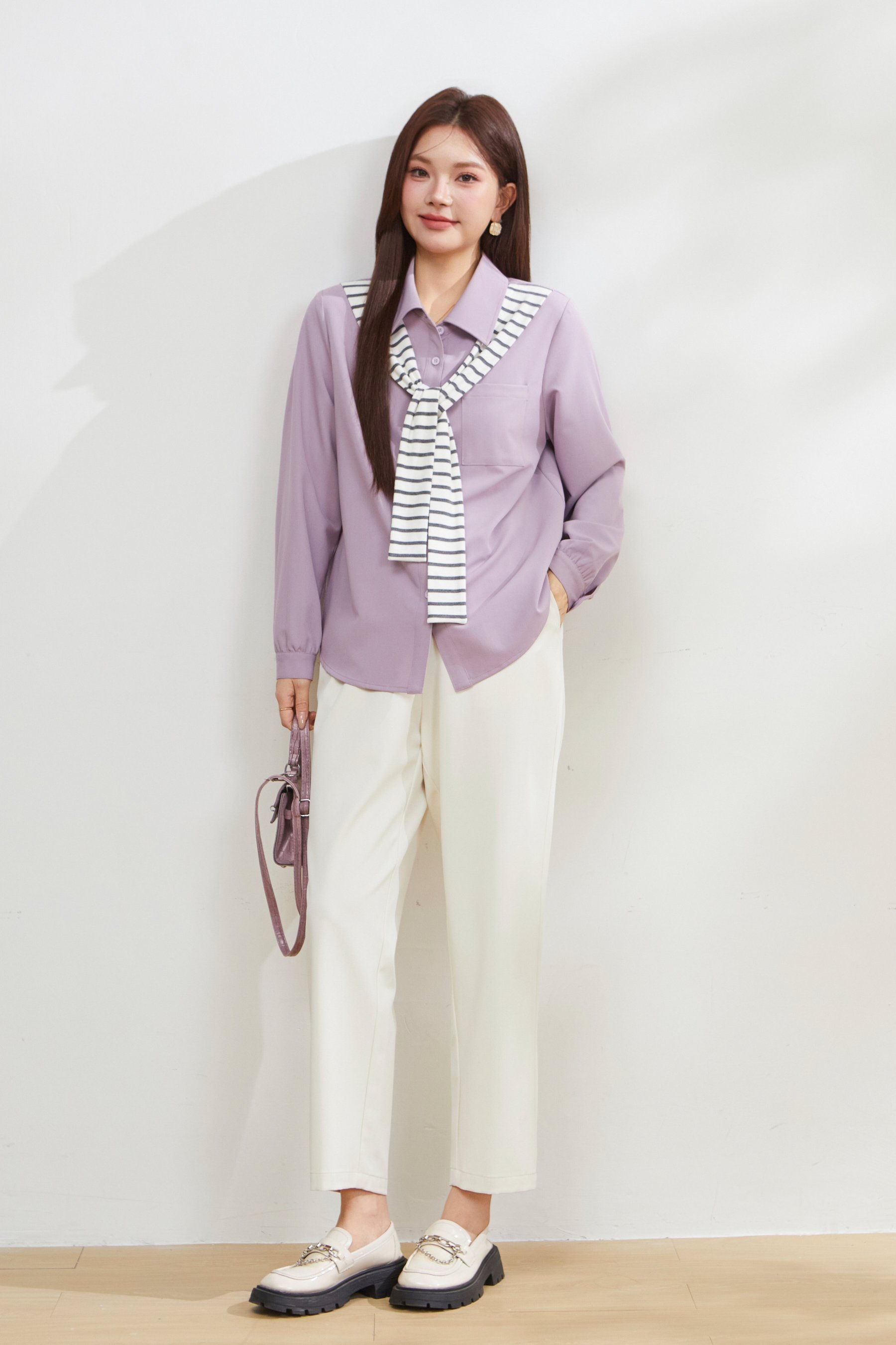 Fake Two-Piece Striped Shawl Shirt FCA6916
